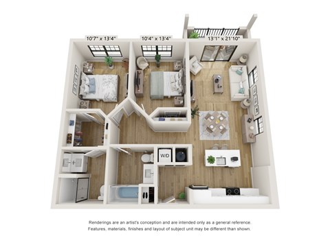 Floor plan for 2 beds, 2 baths, 961 sqft